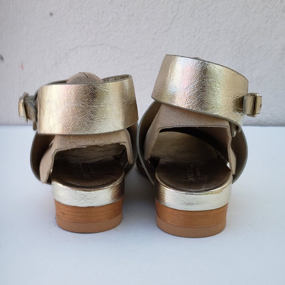 Halston gold peep toe ankle strap crossover Neli sandals - Picture 7 of 11
